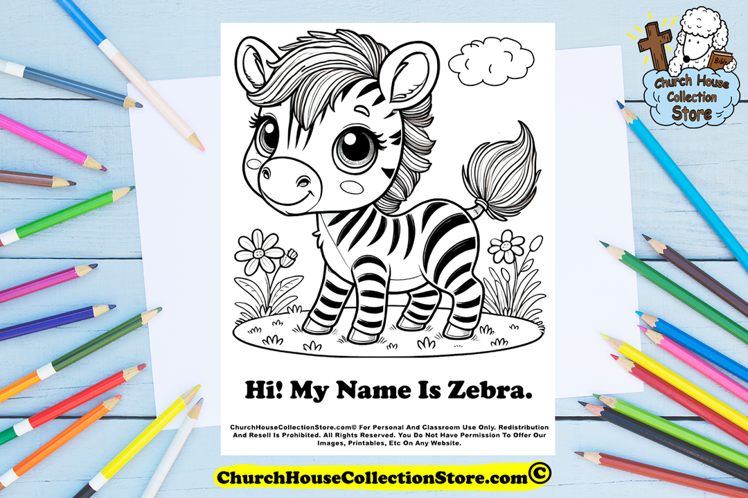 Hi My Name Is Zebra Coloring Page by Church House Collection Store. Free animal educational coloring pages for toddlers.