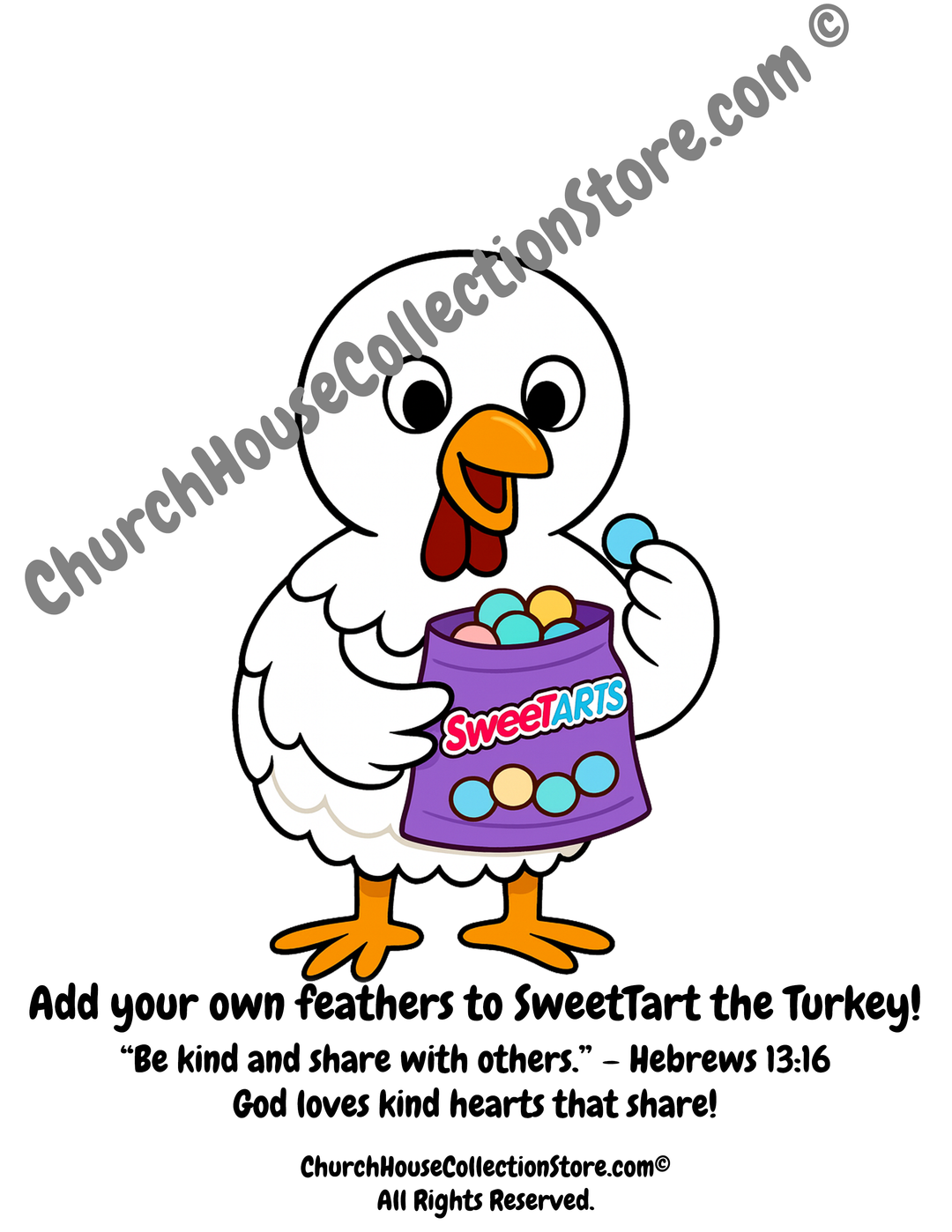 SweetTart the Turkey Add-Your-Own-Feathers Thanksgiving Craft For Sunday School Children's Ministry by Church House Collection Store. ChurchHouseCollectionStore.com Free Bible Crafts printables.