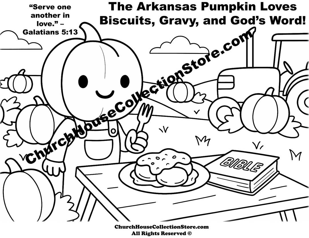 The Arkansas Pumpkin Who Loves Biscuits & Gravy and God’s Word Coloring Page