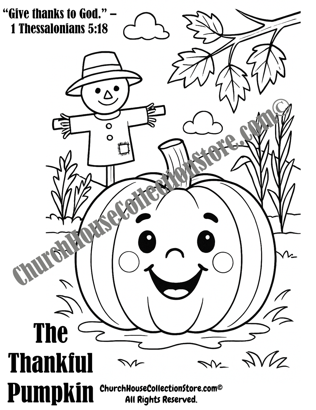 This adorable āThankful Pumpkinā coloring page is the perfect companion to the fall Bible lesson on gratitude. Give thanks to God 1 Thess. 5:18 Scarecrow and pumpkin coloring page for Sunday school. Always Free!