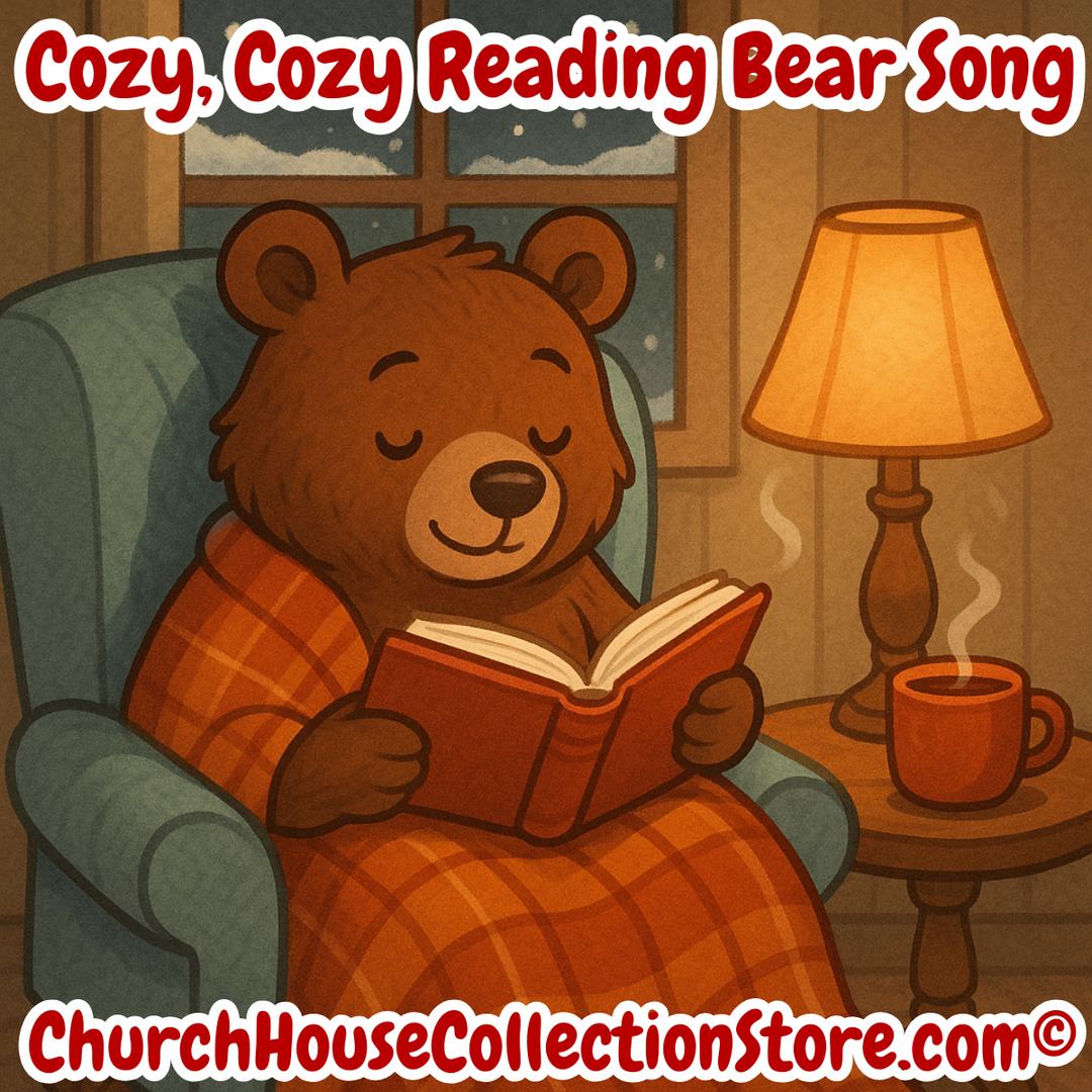 Cozy, Cozy Reading Bear Winter Song by ChurchHouseCollectionStore.com