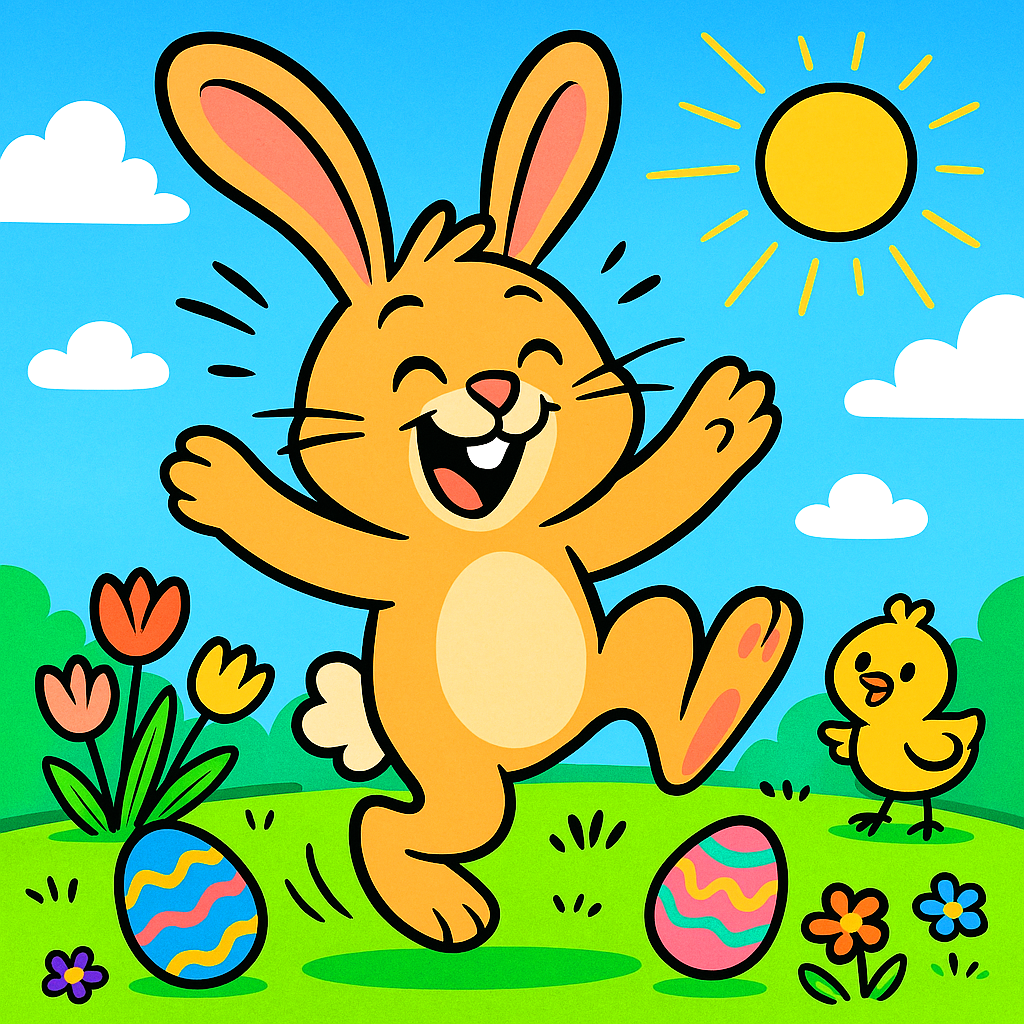 🎵 Hippity Hop, My Ears Won’t Stop! 🎵Poem Song for Toddlers For Easter Bunny. By The Magical Music Note on ChurchHouseCollecitonStore.com. Easter bunny happy with Easter eggs and chicks.