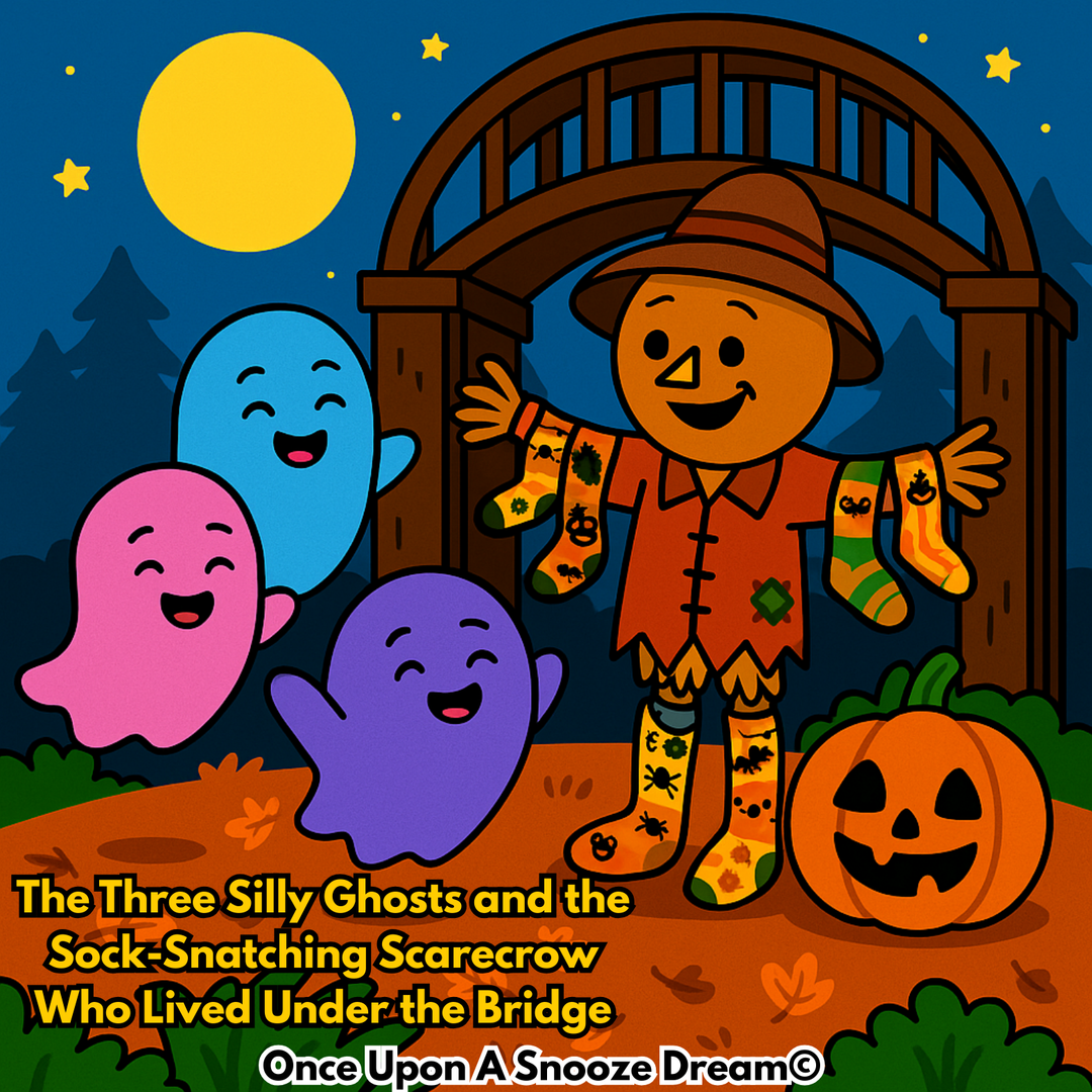The Three Silly Ghosts and the Sock-Snatching Scarecrow Who Lived Under the Bridge by Once Upon A Snooze Dream on ChurchHouseCollectionStore.com. Pink, blue and purple ghost Halloween story for children.