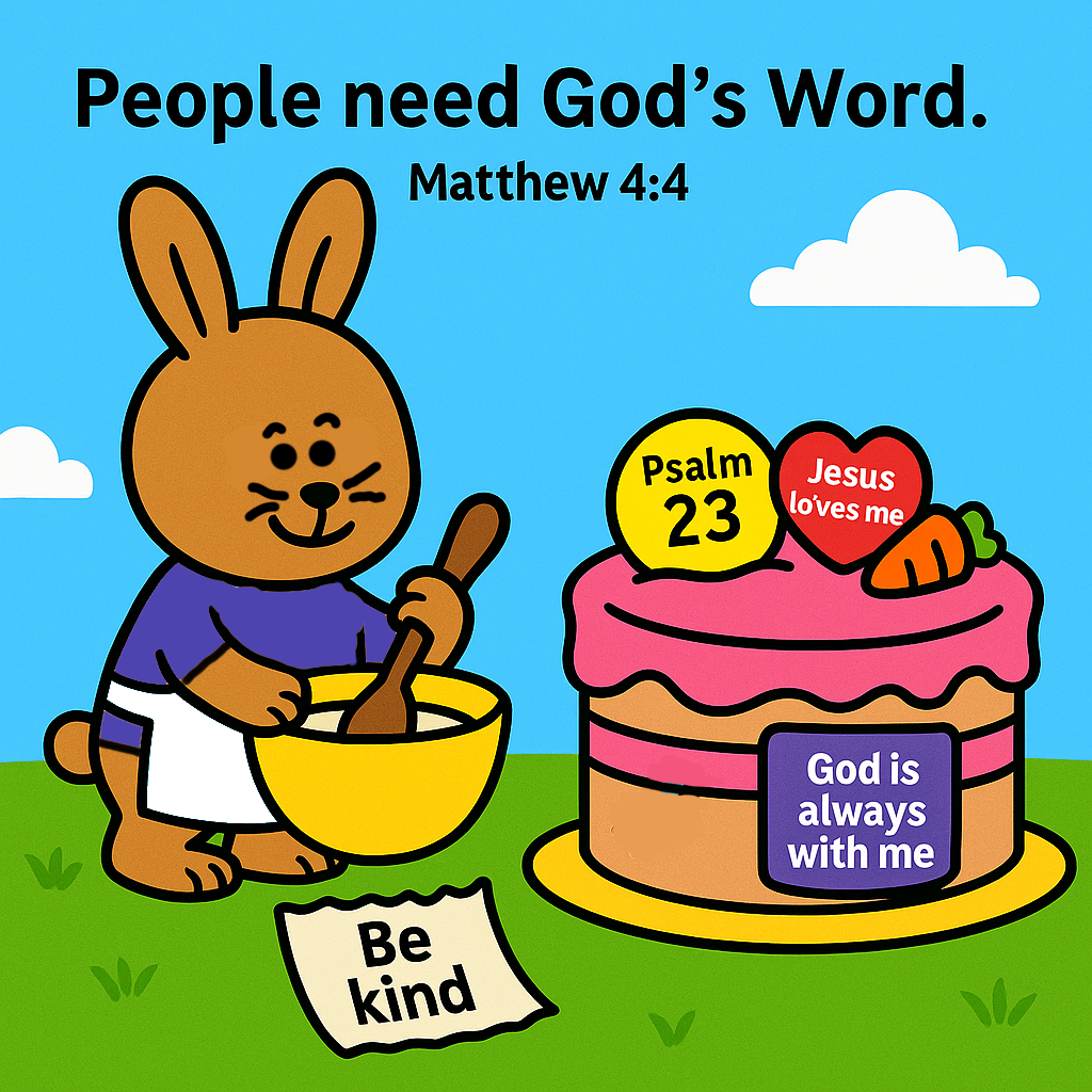 The Bunny Who Baked a Bible Cake Preschool Lesson by ChurchHouseCollectionstore.com. Bunny baking a cake using God's words.