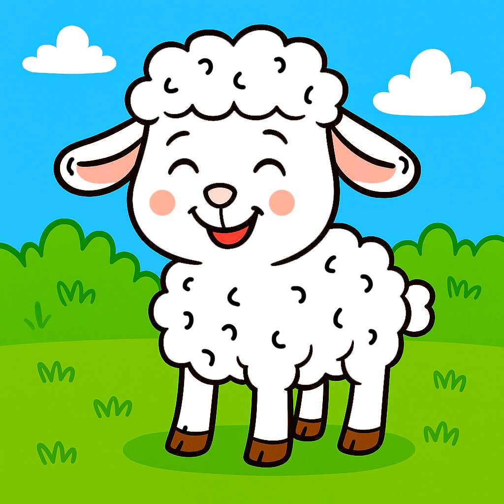 The Lamb Who Lost Her Giggle Toddler Sunday School Lesson Plan. A picture of a white sheep laughing and smiling on a background of green grass and blue skies. By ChurchHouseCollectionStore.com