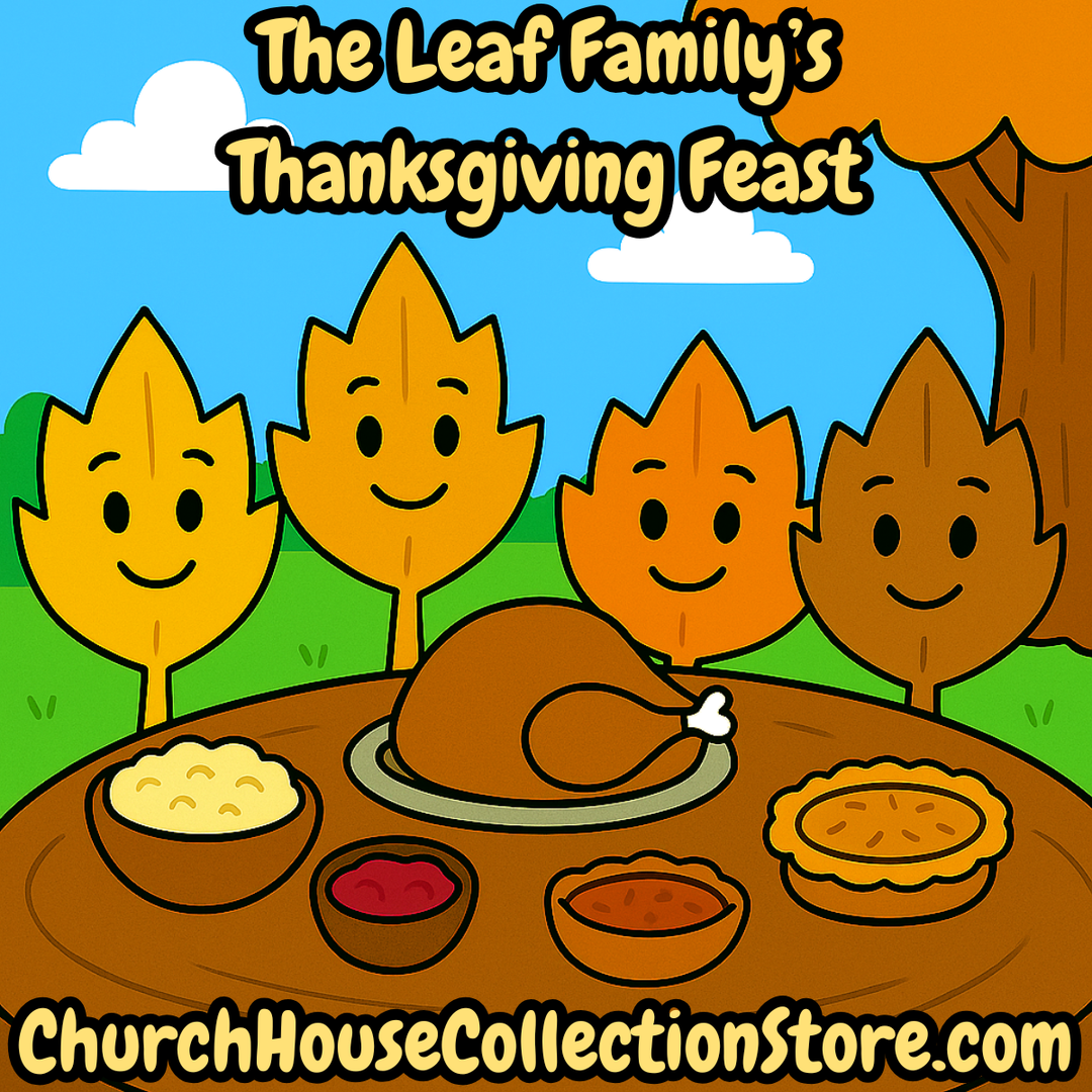 The Leaf Family’s Thanksgiving Feast Preschool Bible Lesson. Free Thanksgiving Sunday School Lessons by ChurchHouseCollectionStore.com. Turkey, Cranberry Sauce, Mashed Potatoes, Pumpkin pie.