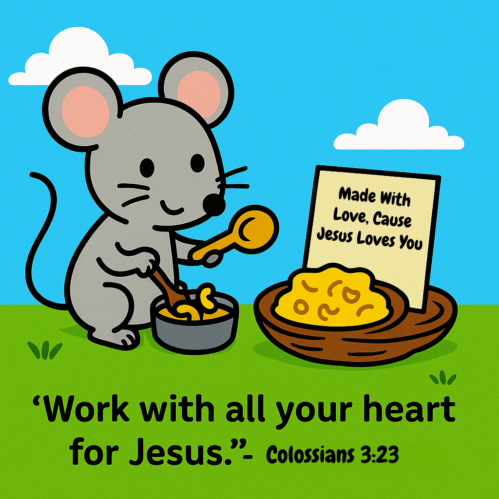 The Mouse Who Used Macaroni to Serve Jesus Bible Lesson by ChurchHouseCollectionStore.com Work with all your heart for Jesus Colossians 3:23 Mouse making mac and cheese