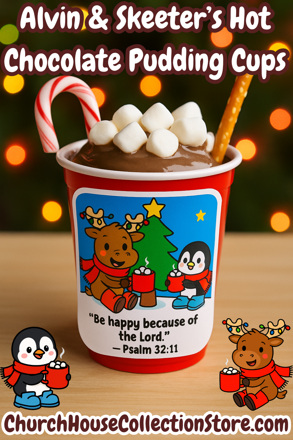 Alvin & Skeeter's Hot Chocolate Pudding Cups. Alvin the Christmas Moose and Skeeter The Penguin. Cup filled with pudding, mini marshmallows, candy cane and a pretzel stick by ChurchHouseCollectionStore.com