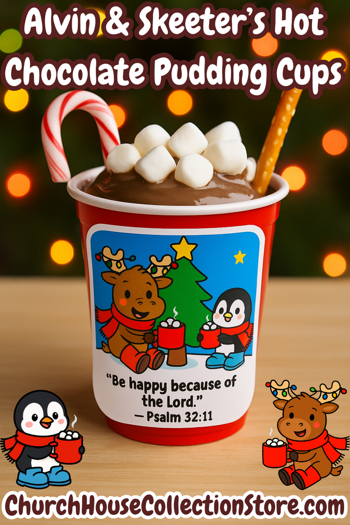 Alvin & Skeeter's Hot Chocolate Pudding Cups. Alvin the Christmas Moose and Skeeter The Penguin. Cup filled with pudding, mini marshmallows, candy cane and a pretzel stick by ChurchHouseCollectionStore.com