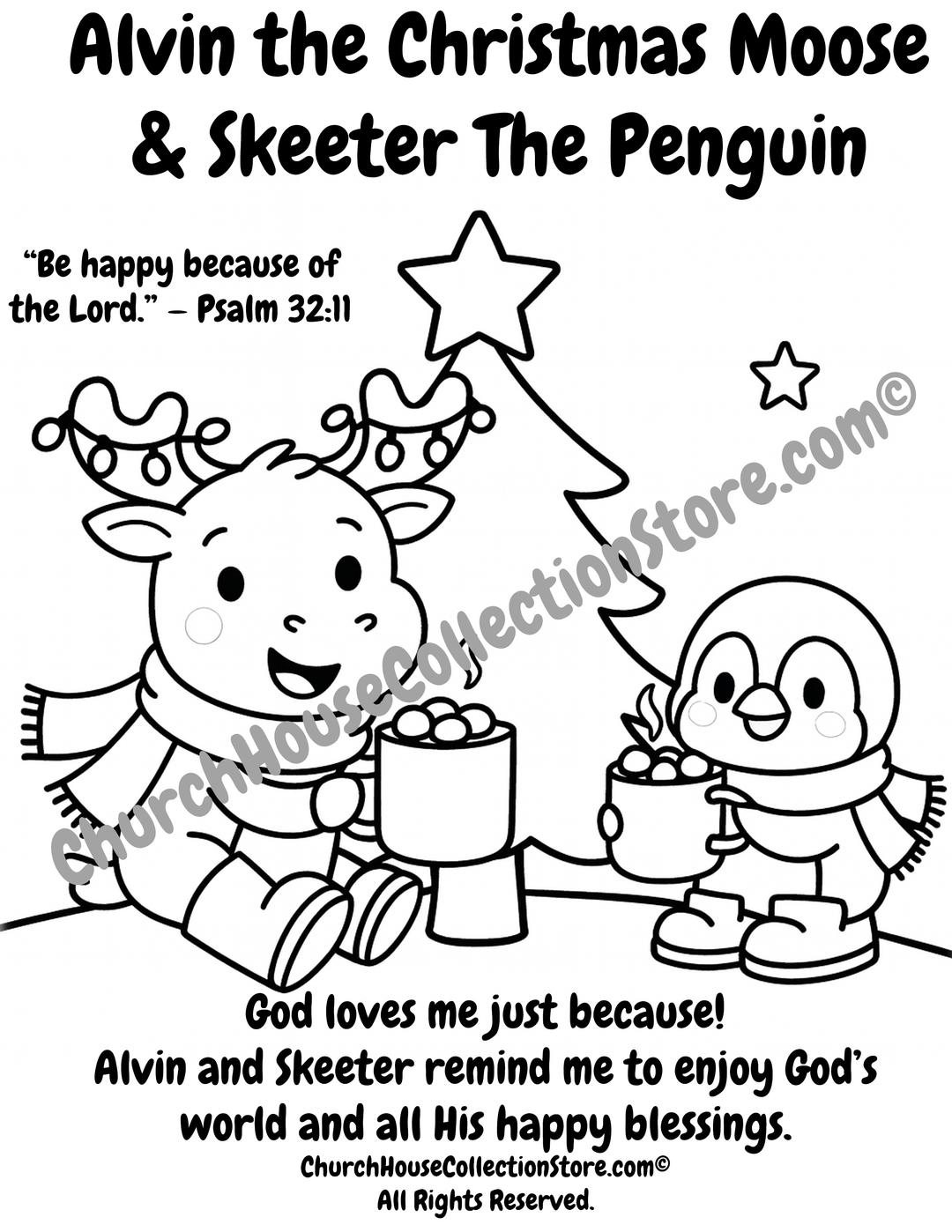 Alvin the Christmas Moose & Skeeter the Penguin Bible Coloring Page by ChurchHouseCollectionStore.com