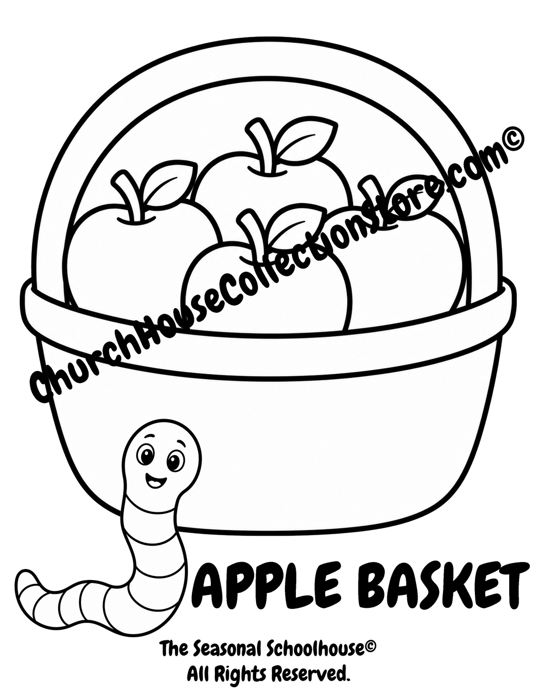 Printable Apple Basket Coloring Page with Wormy featuring a basket filled with apples and bold outlines for preschool vocabulary learning and early literacy.