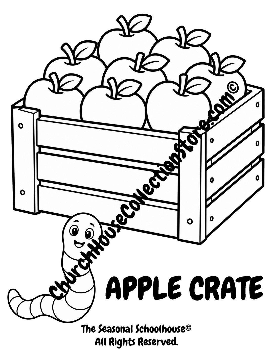 Printable Apple Crate Coloring Page with Wormy featuring a crate filled with apples and bold outlines for preschool vocabulary learning, orchard activities, harvest themes, and early literacy.