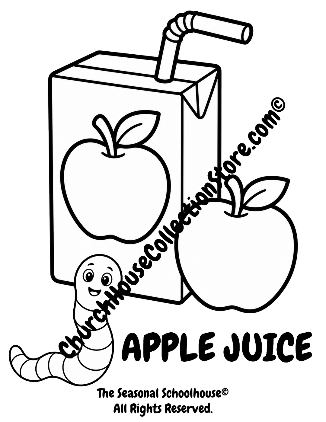 Printable Apple Juice Coloring Page with Wormy featuring a juice box with an apple and bold outlines for preschool vocabulary learning, healthy eating lessons, nutrition activities, and early literacy.