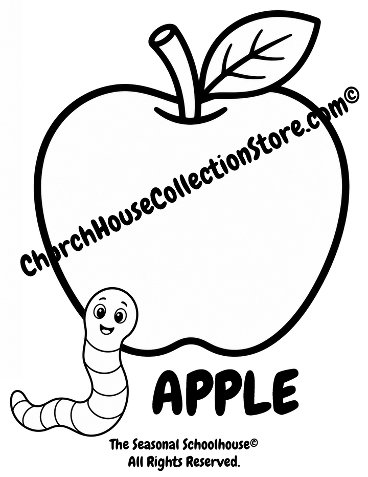 Printable Apple Coloring Page with Wormy for preschool vocabulary learning featuring a large apple with bold outlines and the word Apple for toddlers, Pre-K, and kindergarten.