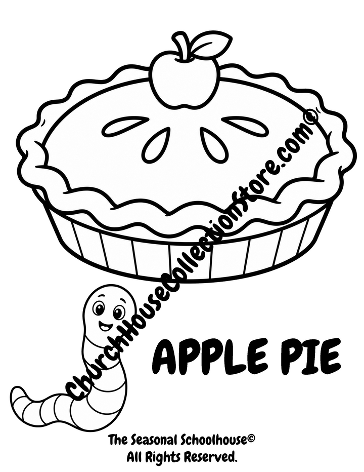 Printable Apple Pie Coloring Page with Wormy featuring a large apple pie with bold outlines for preschool vocabulary learning, fall classroom activities, harvest themes, and early literacy.