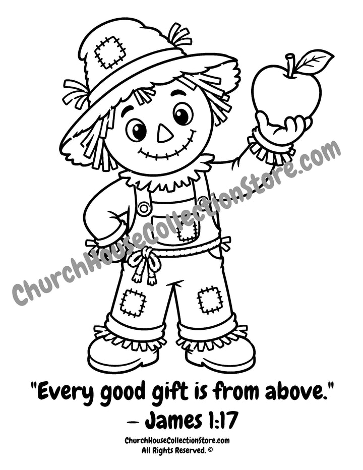 Printable Rusty the Scarecrow apple coloring page featuring James 1:17. Perfect for preschool, Sunday School, homeschool, Thanksgiving, and fall Bible activities.