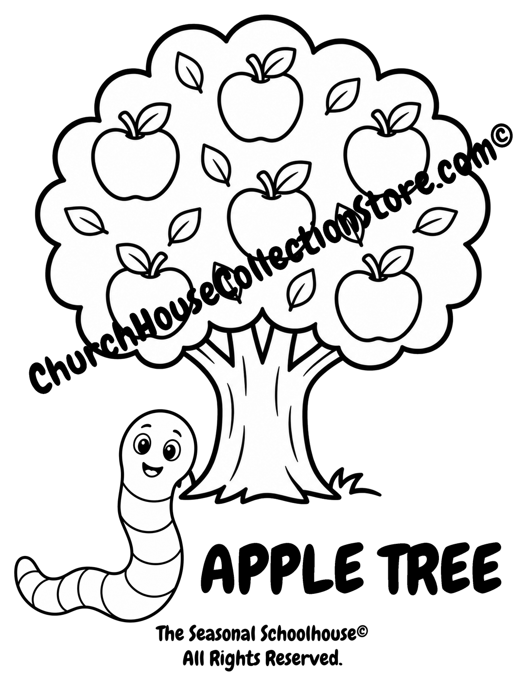 Printable Apple Tree Coloring Page with Wormy featuring a large apple tree with bold outlines for preschool vocabulary learning, fall classroom activities, and early literacy.