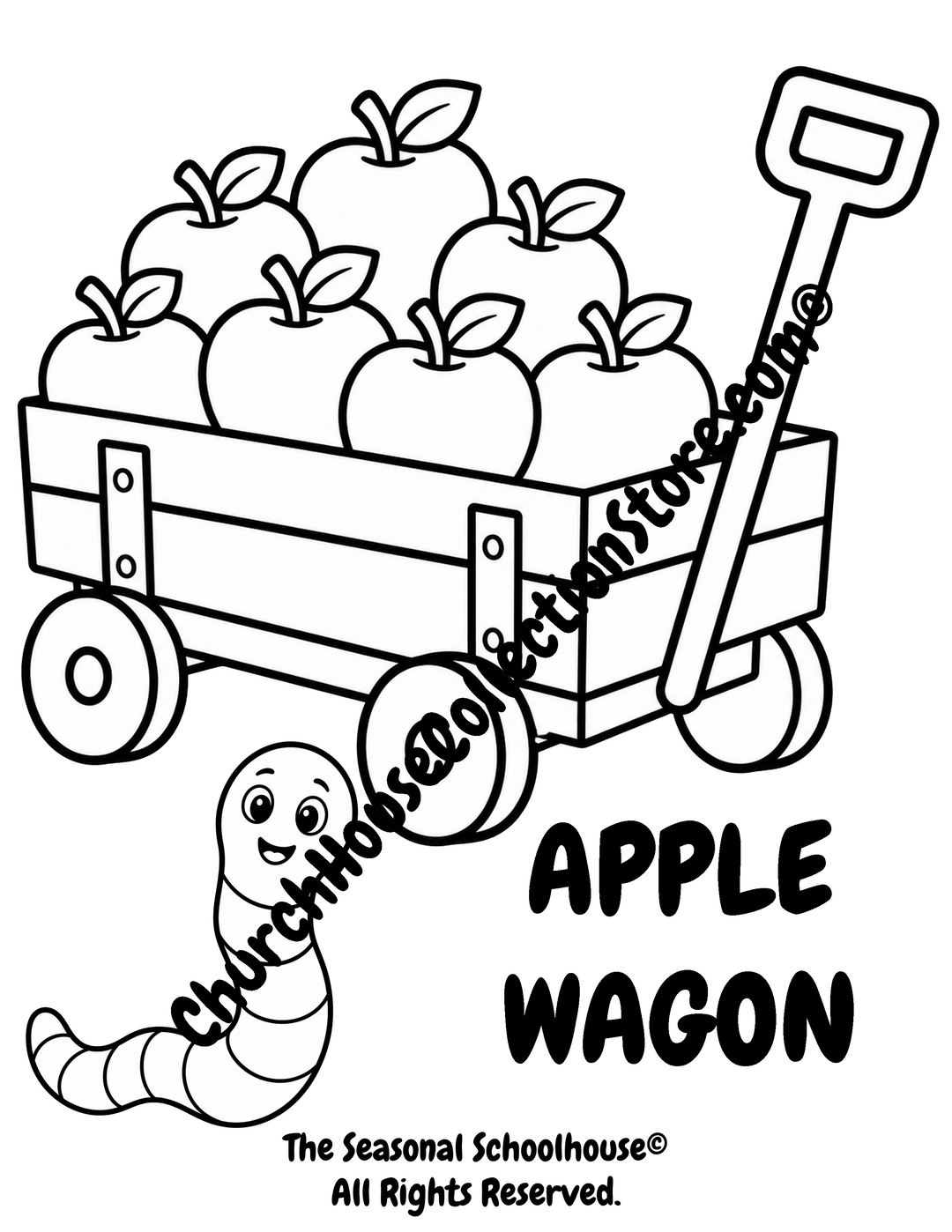 Printable Apple Wagon Coloring Page with Wormy featuring a wagon filled with apples and bold outlines for preschool vocabulary learning, farm themes, harvest activities, and early literacy.