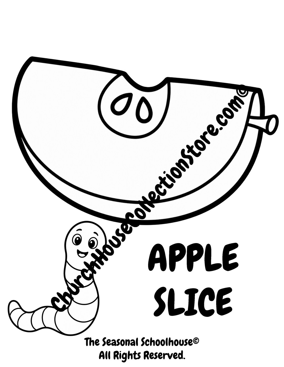Printable Apple Slice Coloring Page with Wormy featuring a large sliced apple with bold outlines for preschool vocabulary learning, healthy eating lessons, and early literacy activities.