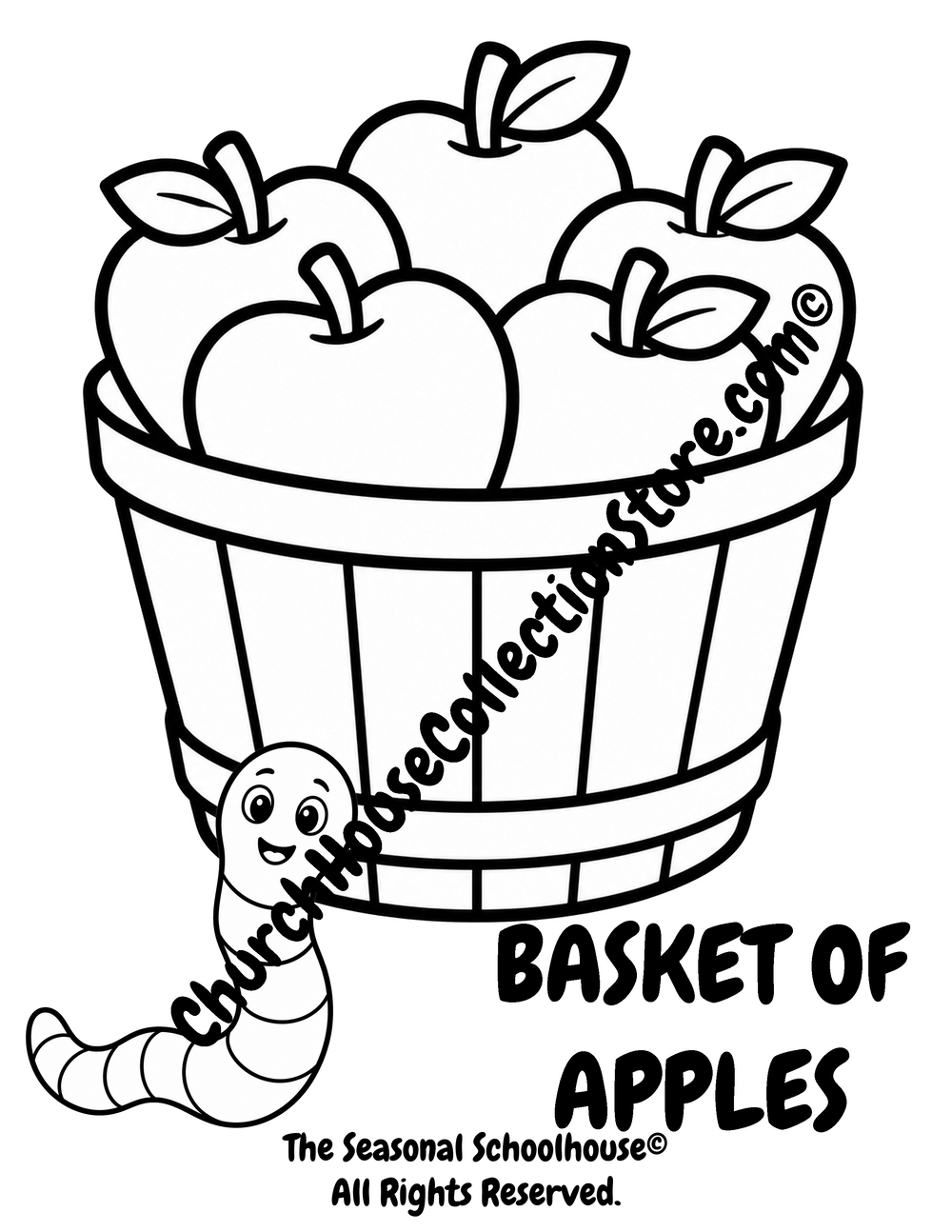 Printable Basket of Apples Coloring Page with Wormy featuring a basket filled with apples and bold outlines for preschool vocabulary learning, orchard activities, harvest themes, and early literacy.