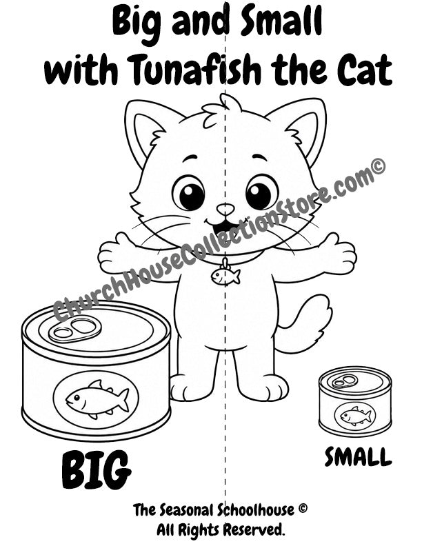Tunafish the Cat Learns Big and Small Coloring Page

Help your little learner discover the opposites big and small with this adorable Tunafish the Cat coloring page! In this printable preschool activity, children can color Tunafish while learning to identify and compare different sizes using a big tuna can and a small tuna can.
