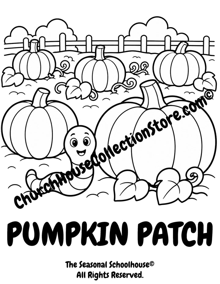 Printable Pumpkin Patch Coloring Page with Wormy featuring pumpkins growing in a pumpkin patch with bold outlines for preschool vocabulary learning, autumn classroom activities, harvest themes, and early literacy.