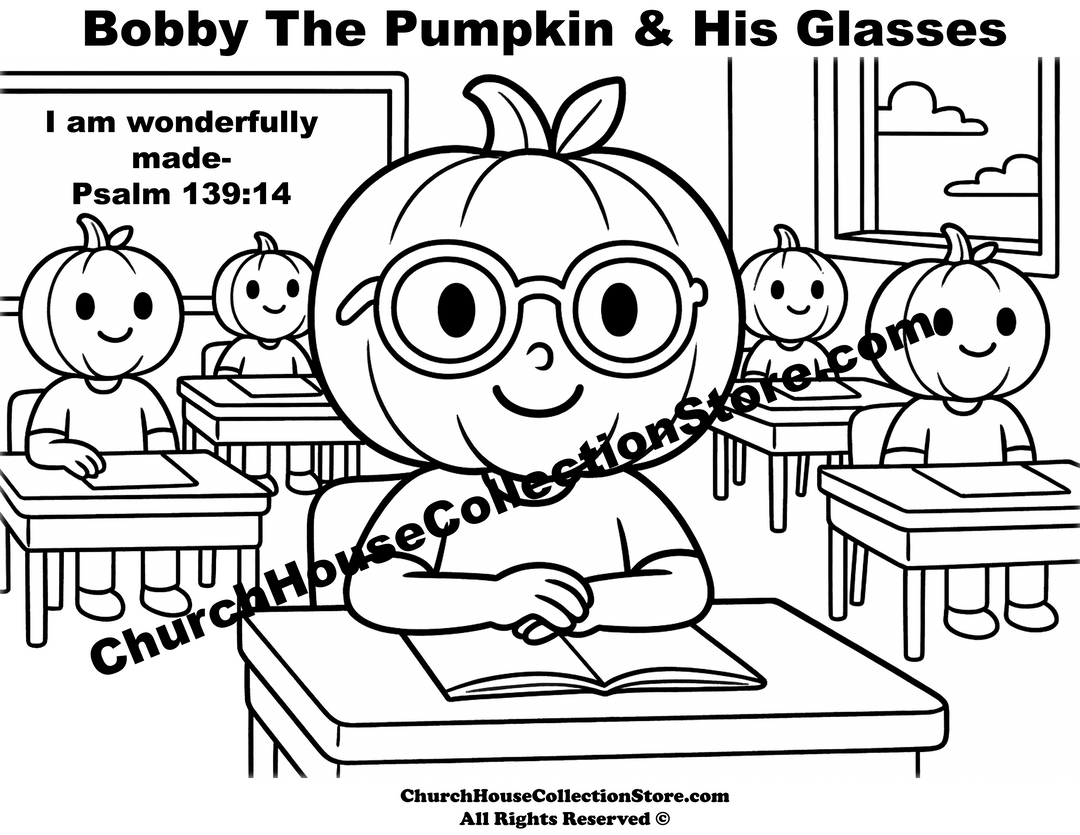 Bobby the Pumpkin with Glasses sitting at desk at school Coloring Page by ChurchHouseCollectionStore.com Great for Harvest Festival, Fall Time, Autumn Season Sunday School class. Children's Church free downloads.