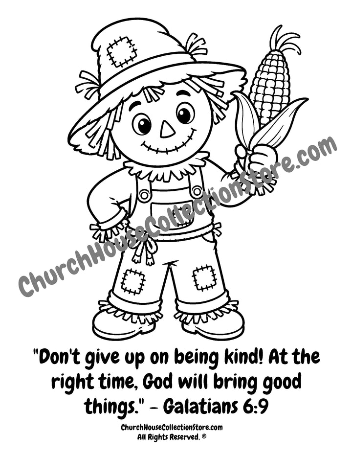 Printable Rusty the Scarecrow corn coloring page featuring Galatians 6:9. Perfect for preschool, Sunday School, homeschool, Thanksgiving, and fall Bible activities.