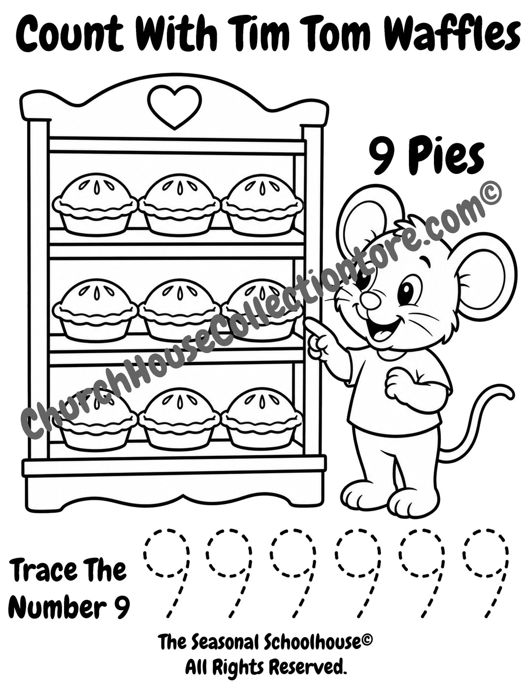 Tim Tom Waffles Number 9 pies coloring and tracing page for preschool counting practice, number recognition, and handwriting skills