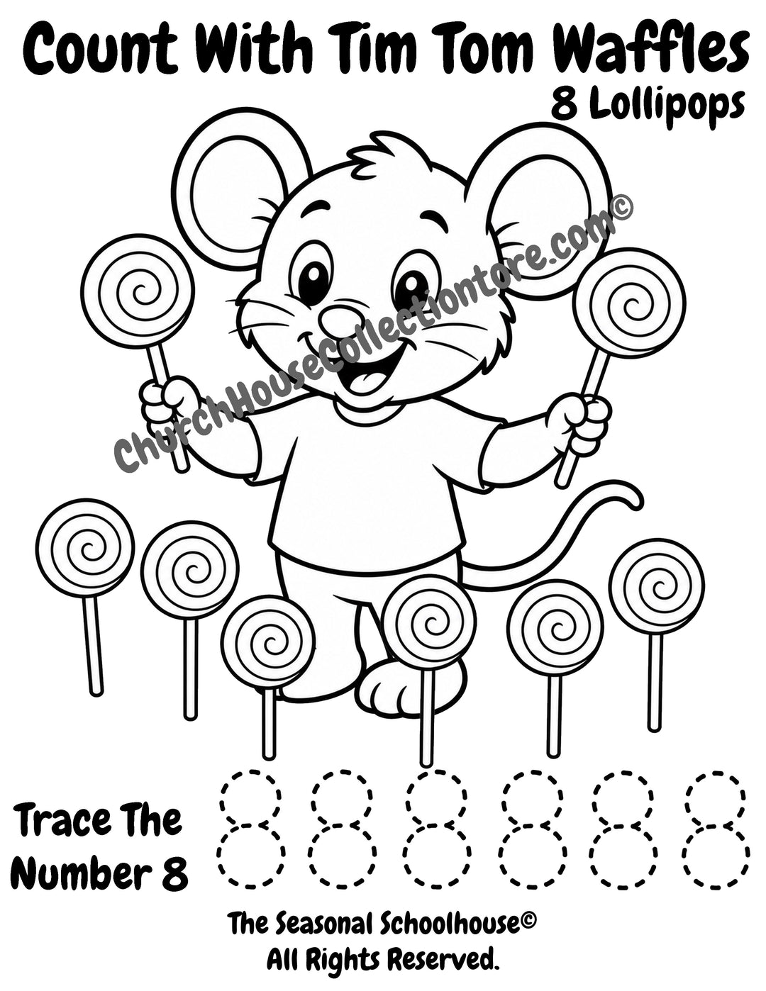 Tim Tom Waffles Number 8 lollipops coloring and tracing page for preschool counting practice, number recognition, and handwriting skills