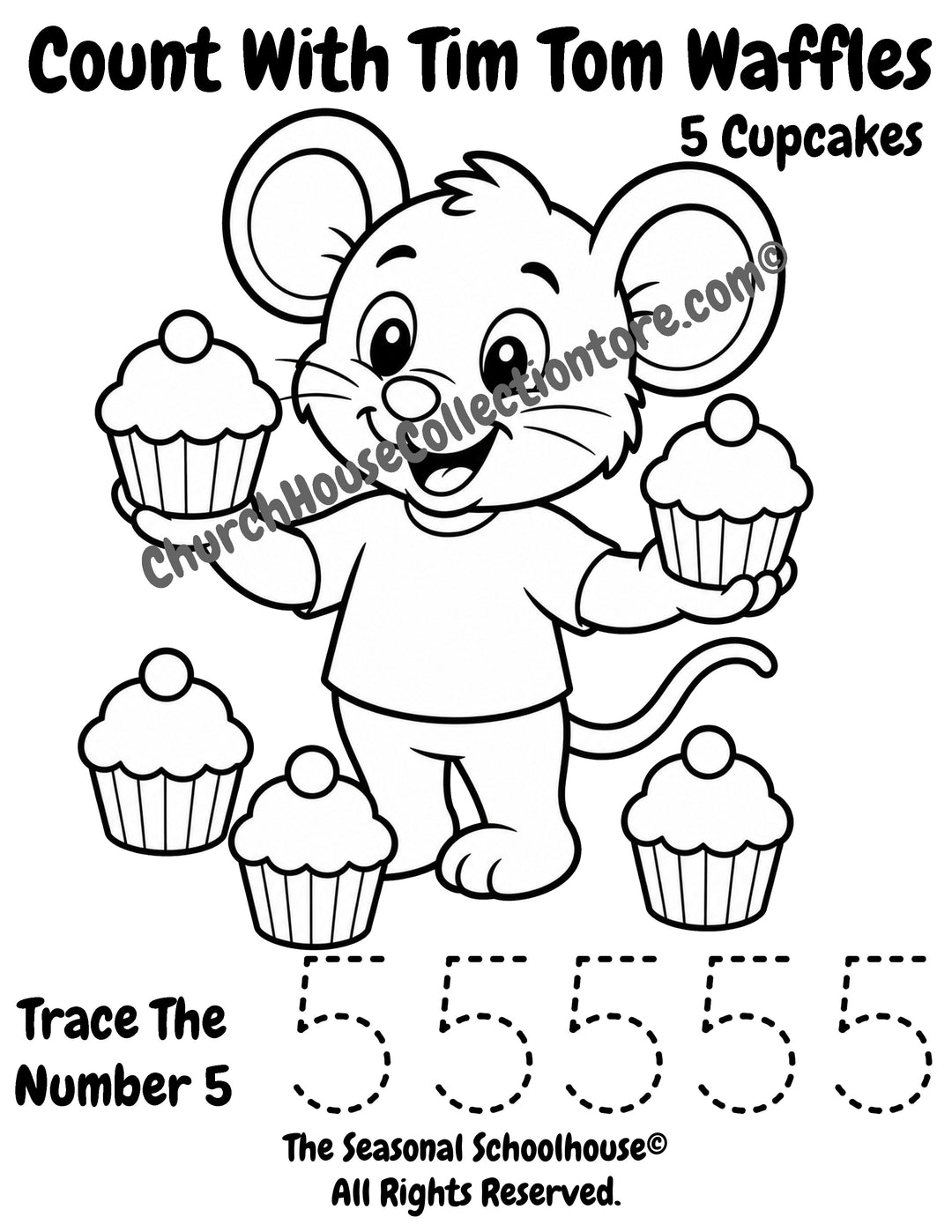 Tim Tom Waffles Number 5 cupcakes coloring and tracing page for preschool counting practice, number recognition, and handwriting skills