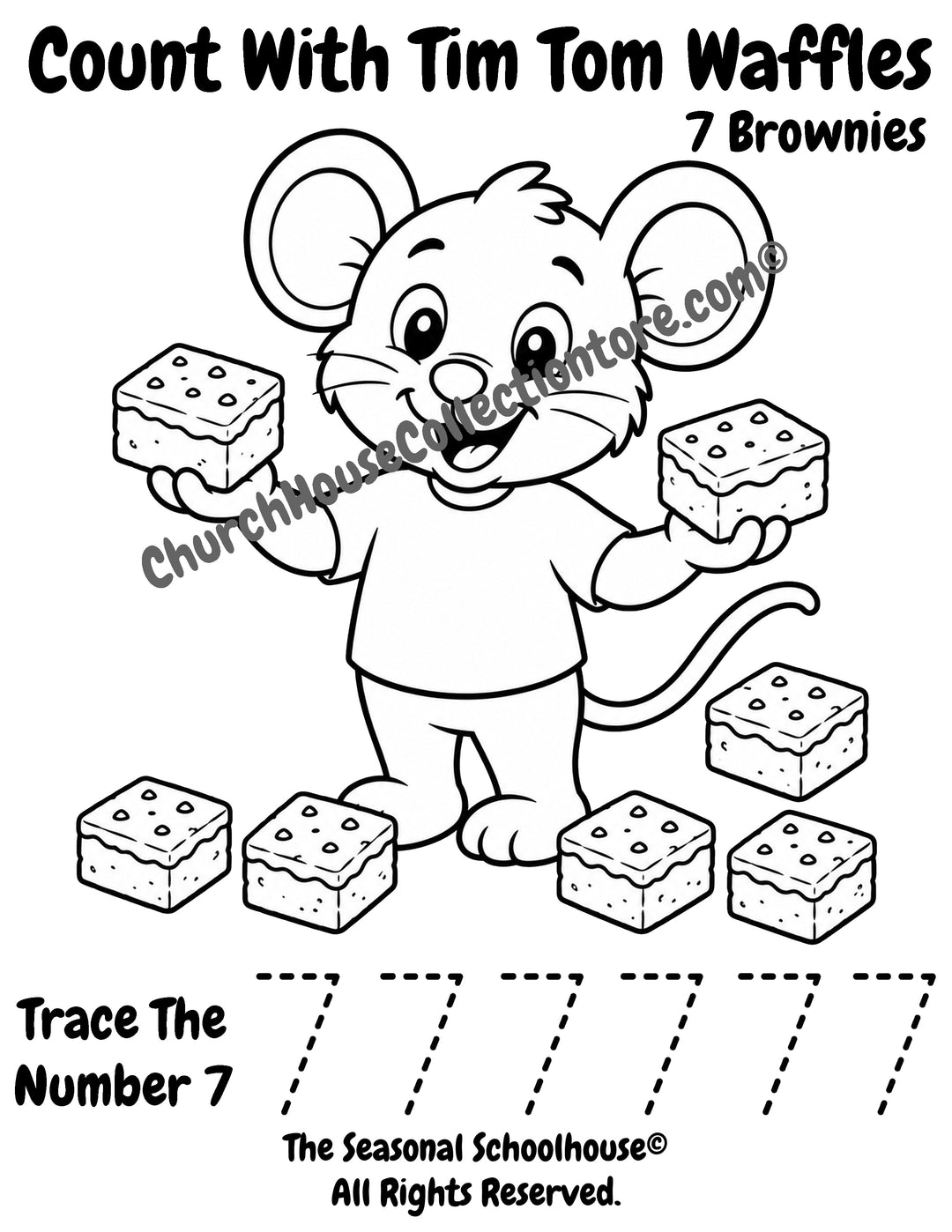 Tim Tom Waffles Number 7 brownies coloring and tracing page for preschool counting practice, number recognition, and handwriting skills