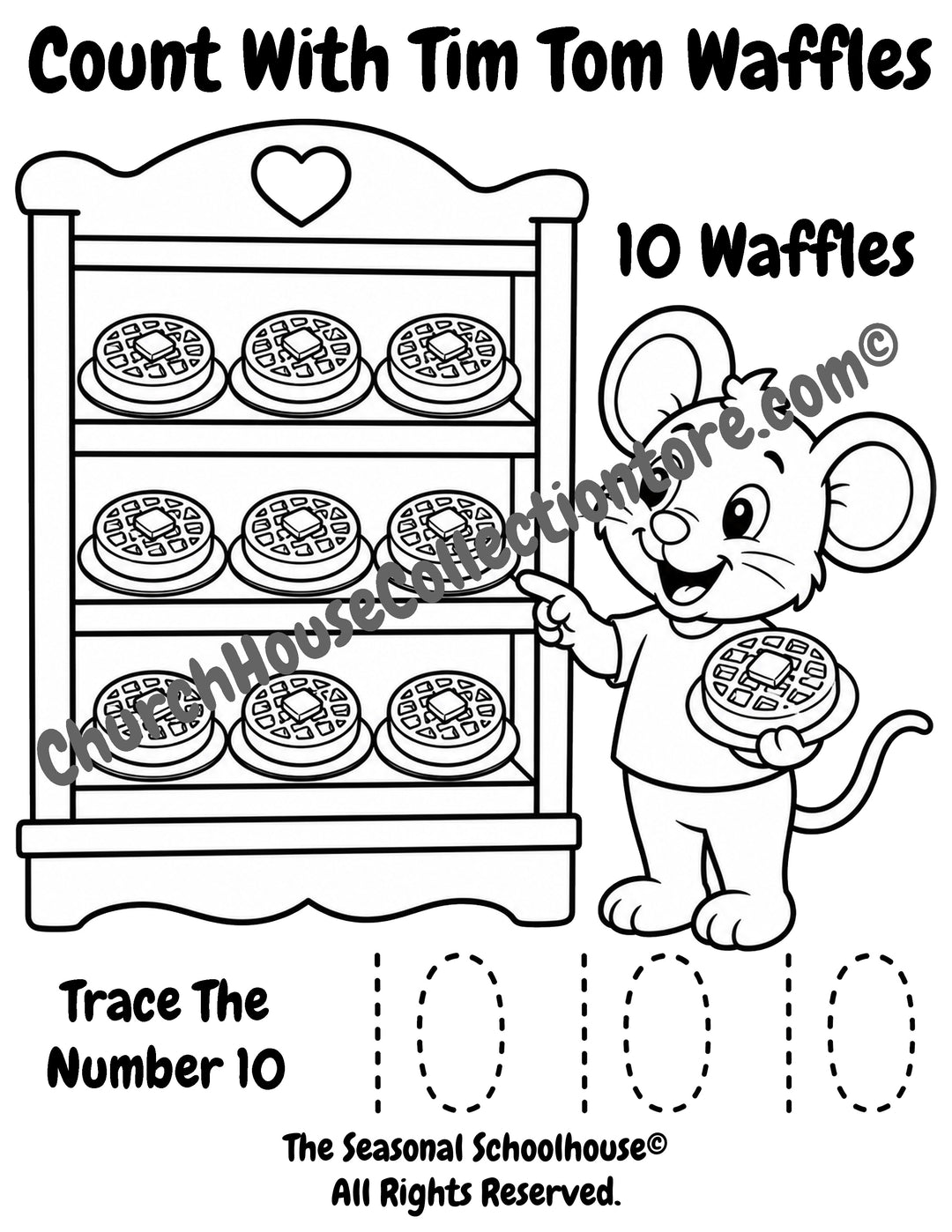 Tim Tom Waffles Number 10 waffles coloring and tracing page for preschool counting practice, number recognition, and handwriting skills