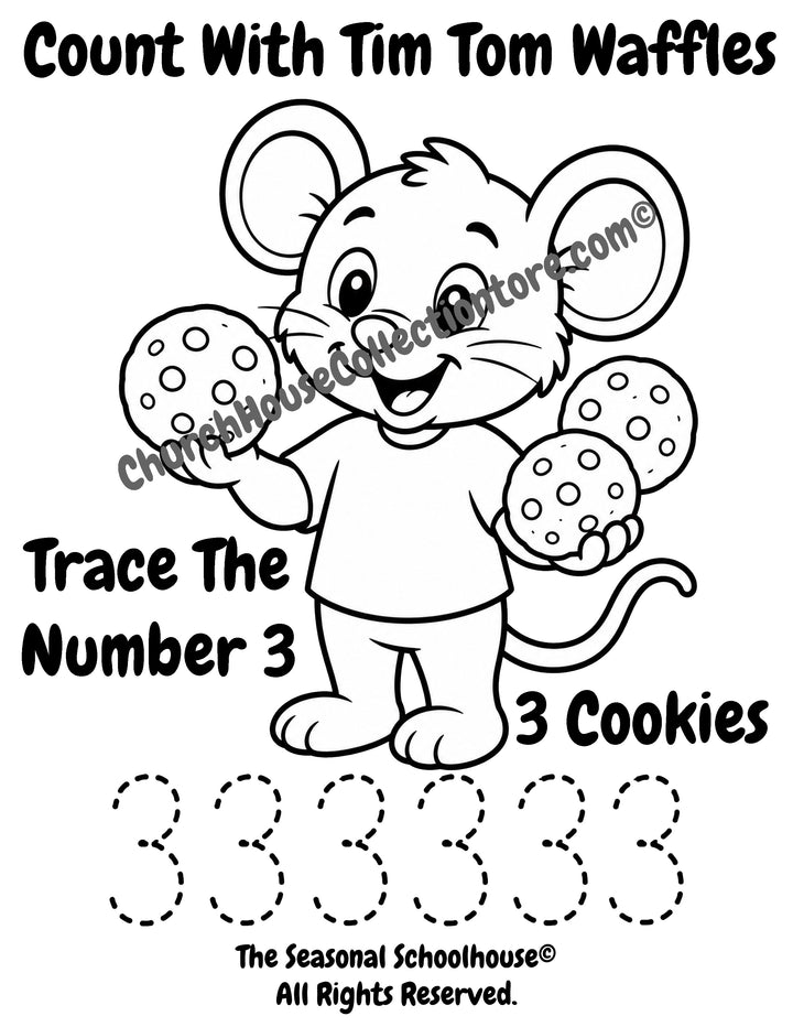 Tim Tom Waffles Number 3 cookies coloring and tracing page for preschool counting practice, number recognition, and handwriting skills