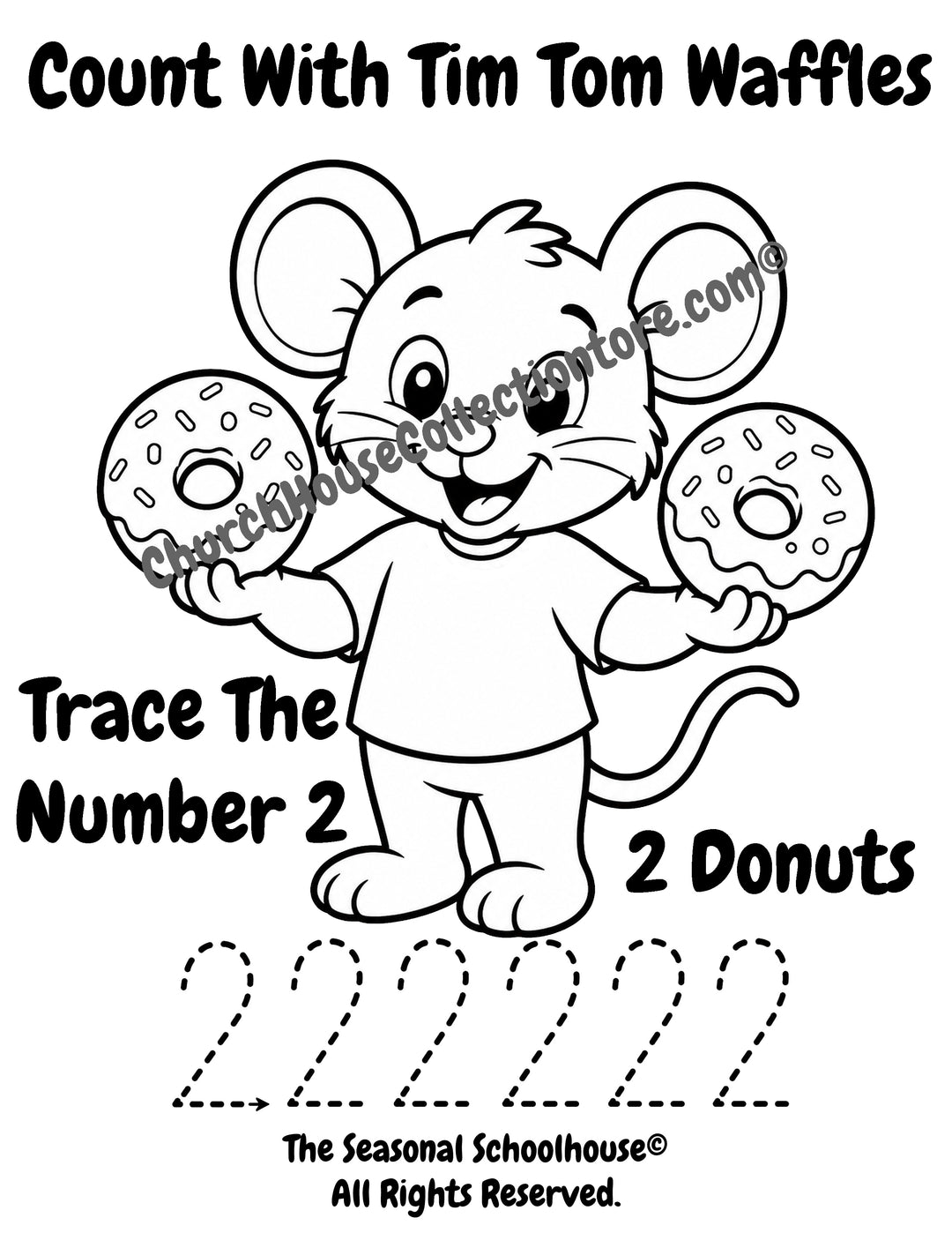 Tim Tom Waffles Number 2 donuts coloring page and tracing worksheet for preschool counting, number recognition, and handwriting practice