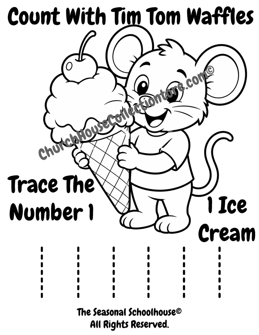 Tim Tom Waffles Number 1 ice cream coloring page and tracing worksheet for preschool counting, number recognition, and handwriting practice