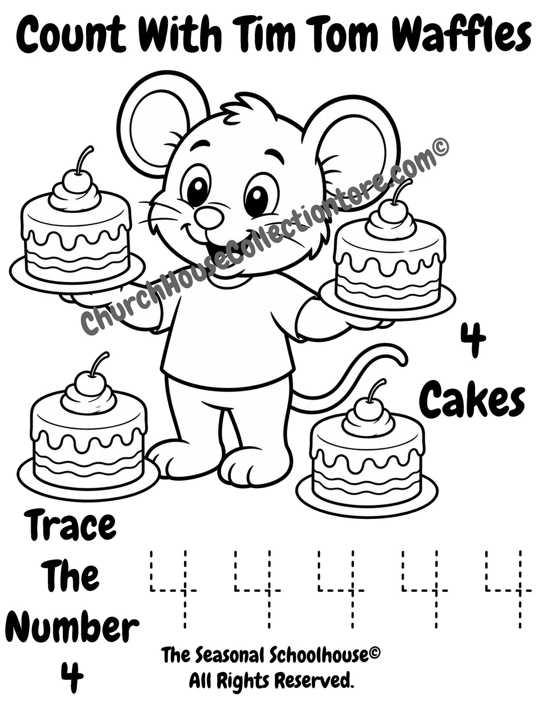 Tim Tom Waffles Number 4 cakes coloring and tracing page for preschool counting practice, number recognition, and handwriting skills
