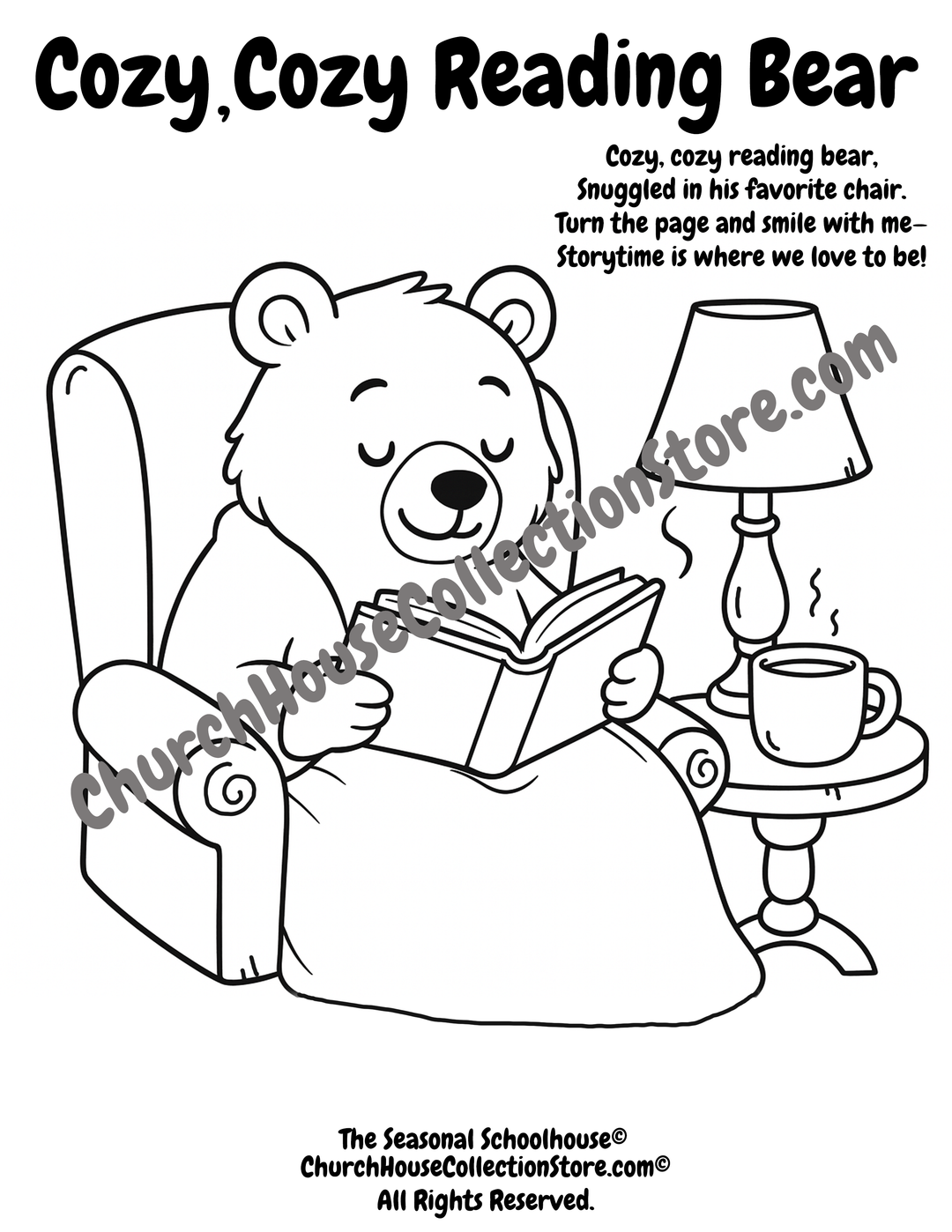 Cozy Cozy Reading Bear Coloring Page by The Seasonal Schoolhouse on ChurchHouseCollectionStore.com