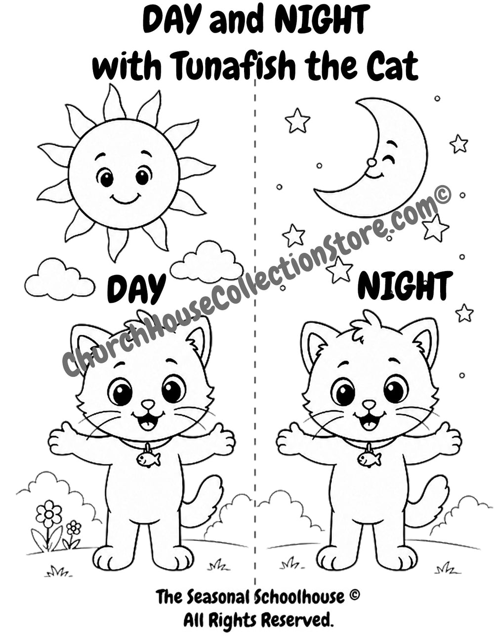 Tunafish Learns Day and Night Coloring Page

Help your little learner discover the opposites day and night with this adorable Tunafish the Cat coloring page! In this printable preschool activity, children can color Tunafish while learning to identify and compare daytime and nighttime using a bright sun and a moon with stars.