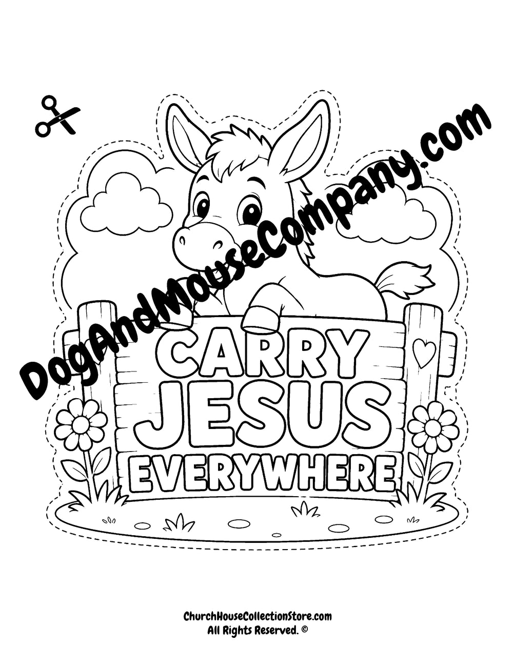 Carry Jesus Everywhere Donkey Craft – Farm Bible Craft for Preschool & Toddlers for Sunday School. Black and white version for coloring and colored version.