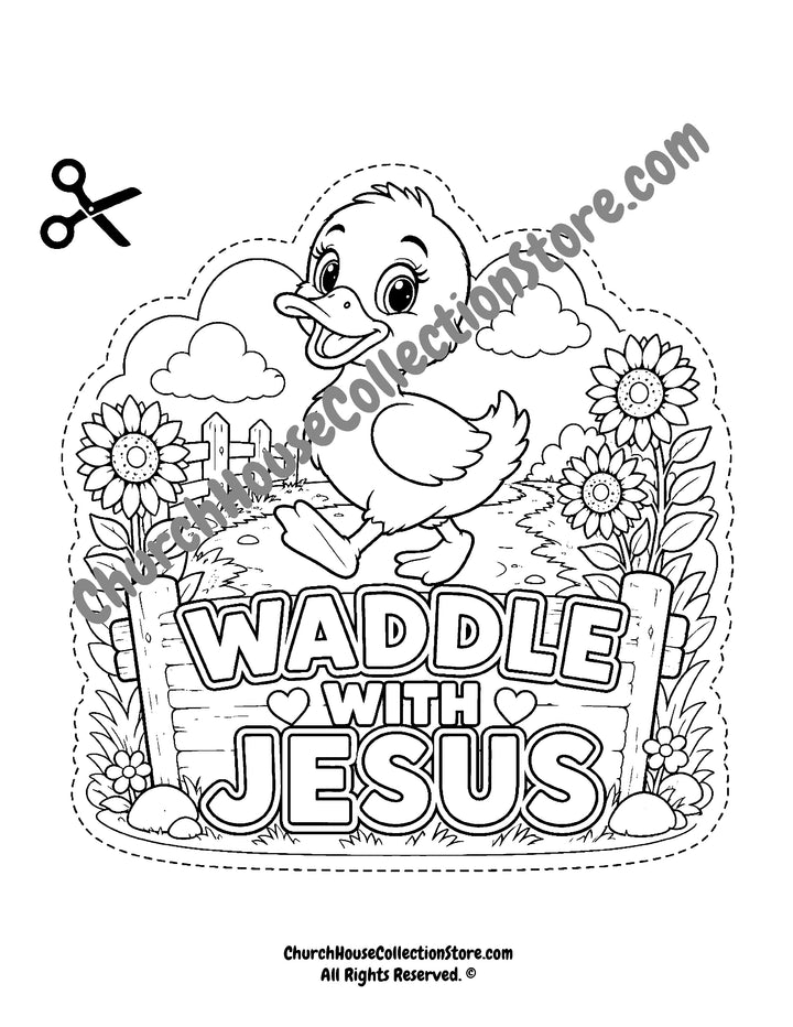 Waddle With Jesus Duck Craft – Farm Bible Craft for Preschool &amp; Toddlers Coloring Page Black and White and Colored Version On The Farm Bible Crafts