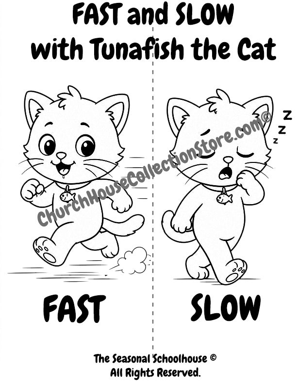 Tunafish Learns Fast and Slow Coloring Page

Help your little learner discover the opposites fast and slow with this adorable Tunafish the Cat coloring page! In this printable preschool activity, children can color Tunafish while learning to identify and compare a fast-running Tunafish and a slow-walking Tunafish.