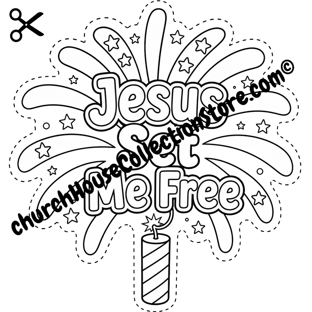 Jesus Set Me Free Firework Coloring Page Craft – Fourth of July Bible Craft Cutout for Preschool and Toddlers