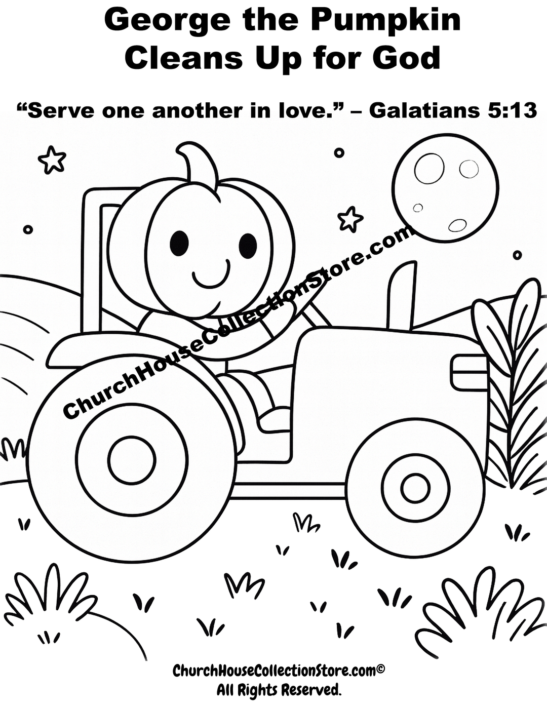 George the Pumpkin Tractor Coloring Page – Preschool Bible Lesson Printable