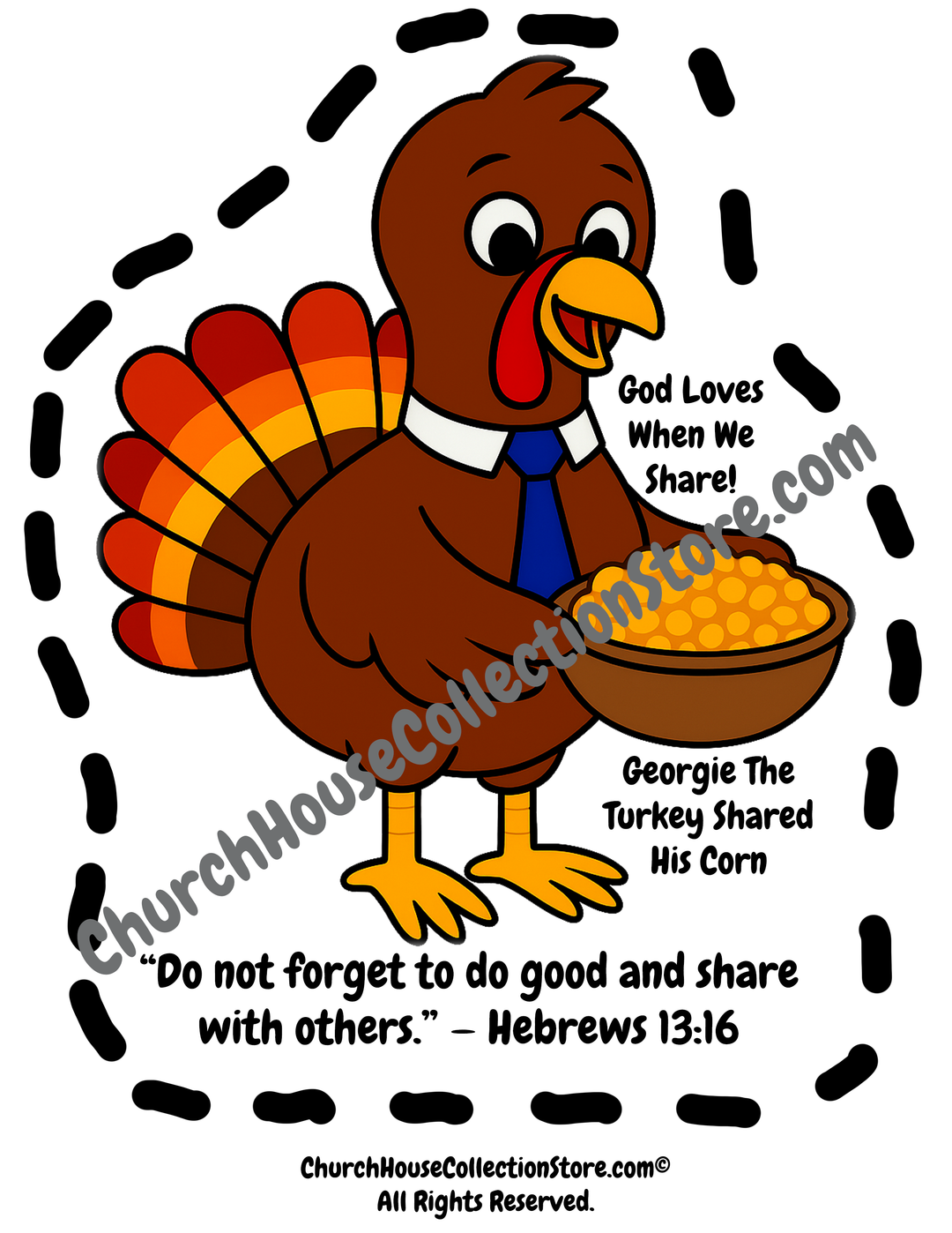Free Georgie the Turkey Shared His Corn cutout craft printable for children’s Bible lessons. Thanksgiving Bible craft for kids showing Georgie the Turkey holding a bowl of corn