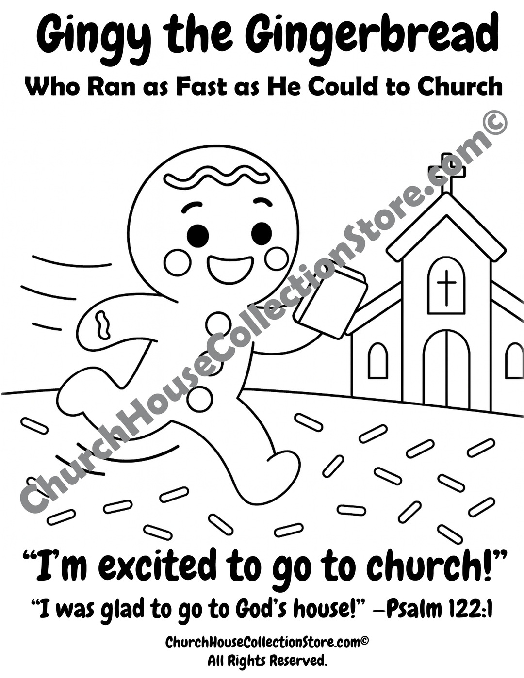Gingy the Gingerbread Church Run – Christmas Bible Coloring Page by ChurchHouseCollectionStore.com