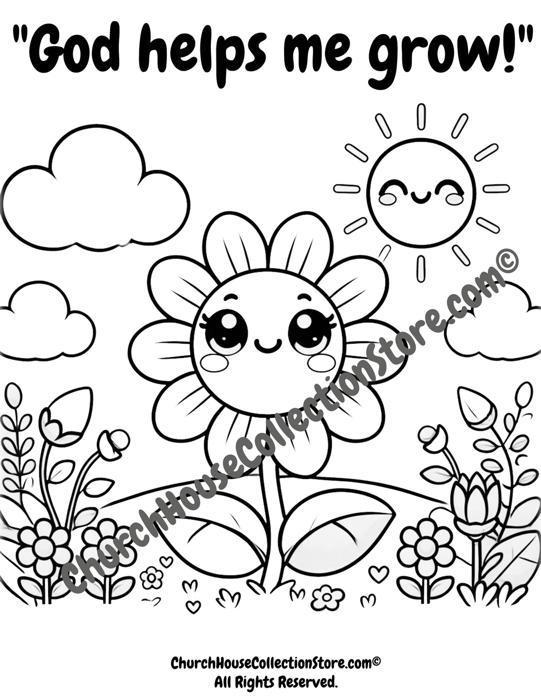 Summer Flower God Helps Me Grow Bible Sunday School Coloring Page by ChurchHouseCollectionStore.com