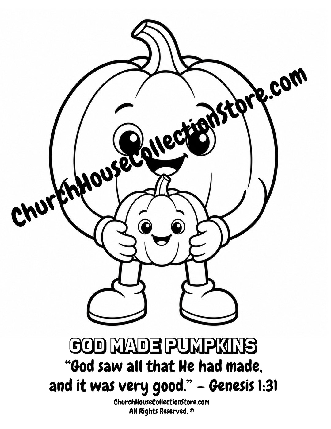 Cute God Made Pumpkins Christian coloring page featuring a smiling pumpkin holding a baby pumpkin with Genesis 1:31 for preschool kids.