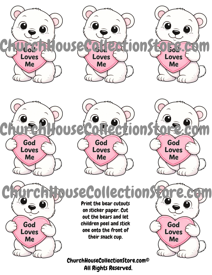 God Loves Me Bear Cutout Sticker Template. This goes with the Winter preschool Bible Sunday School  Lesson.