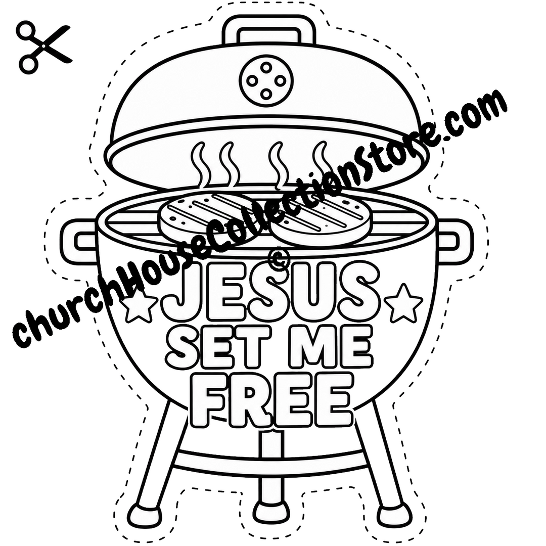Jesus Set Me Free BBQ Grill Coloring Page Craft – Fourth of July Bible Craft Cutout for Preschool and Toddlers